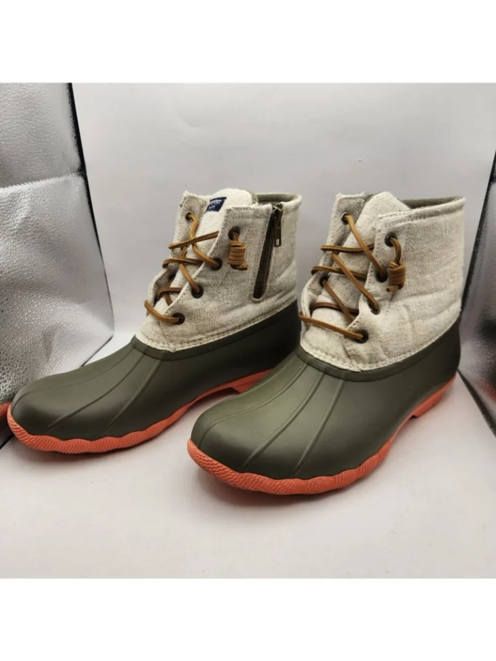 Sperry Topsider Saltwater Duck Boot Winter Shoe Rain Gray & Olive Green Side Zip